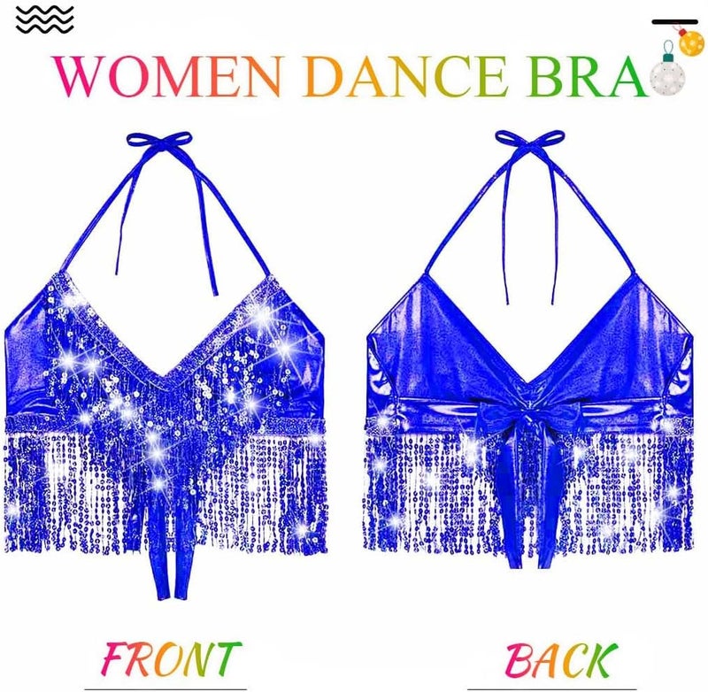 Nicute Silver Sequin Top Fringe Bra Top Sparkly Belly Dance Tops for Women - Image 2